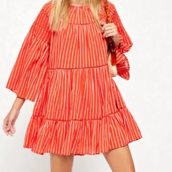 NWT Free People Lola Embroidered Mini Dress, Capri Orange, Size XS
