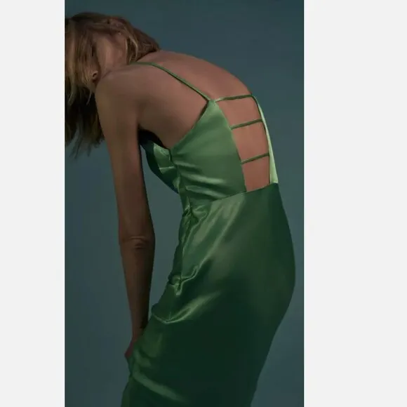 NWT ZARA GREEN-GRASS SATIN LINGERIE STYLE DRESS Small 3564/168 BLOGGERS Fave