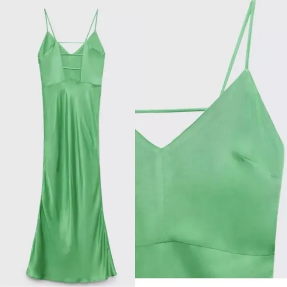 NWT ZARA GREEN-GRASS SATIN LINGERIE STYLE DRESS Small 3564/168 BLOGGERS Fave