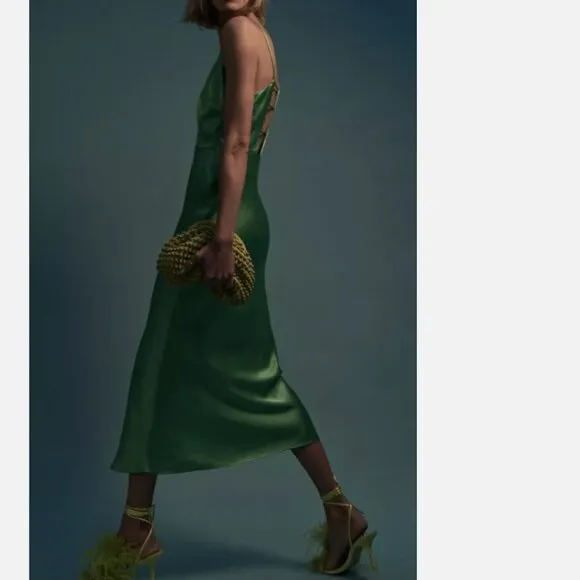 NWT ZARA GREEN-GRASS SATIN LINGERIE STYLE DRESS Small 3564/168 BLOGGERS Fave