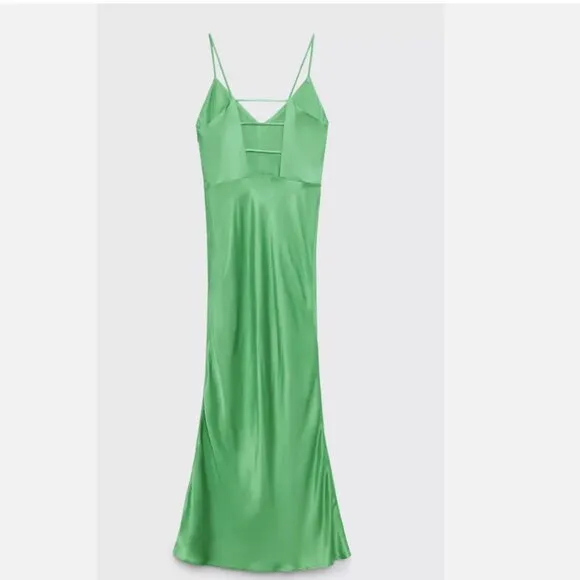 NWT ZARA GREEN-GRASS SATIN LINGERIE STYLE DRESS Small 3564/168 BLOGGERS Fave