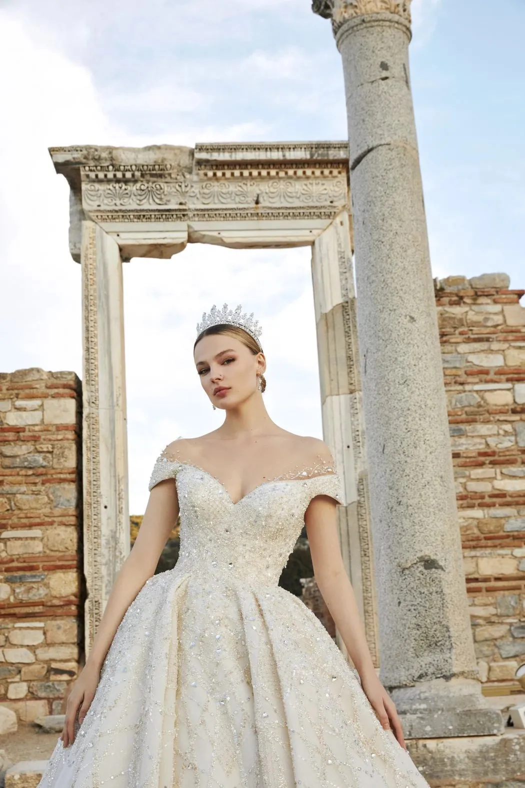 Off-Shoulder Cream Colored Bridal Gown Wedding Dress