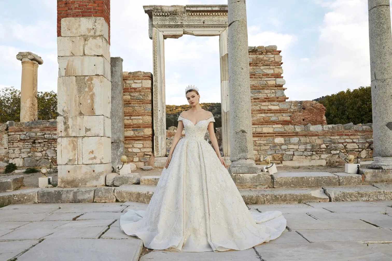Off-Shoulder Cream Colored Bridal Gown Wedding Dress