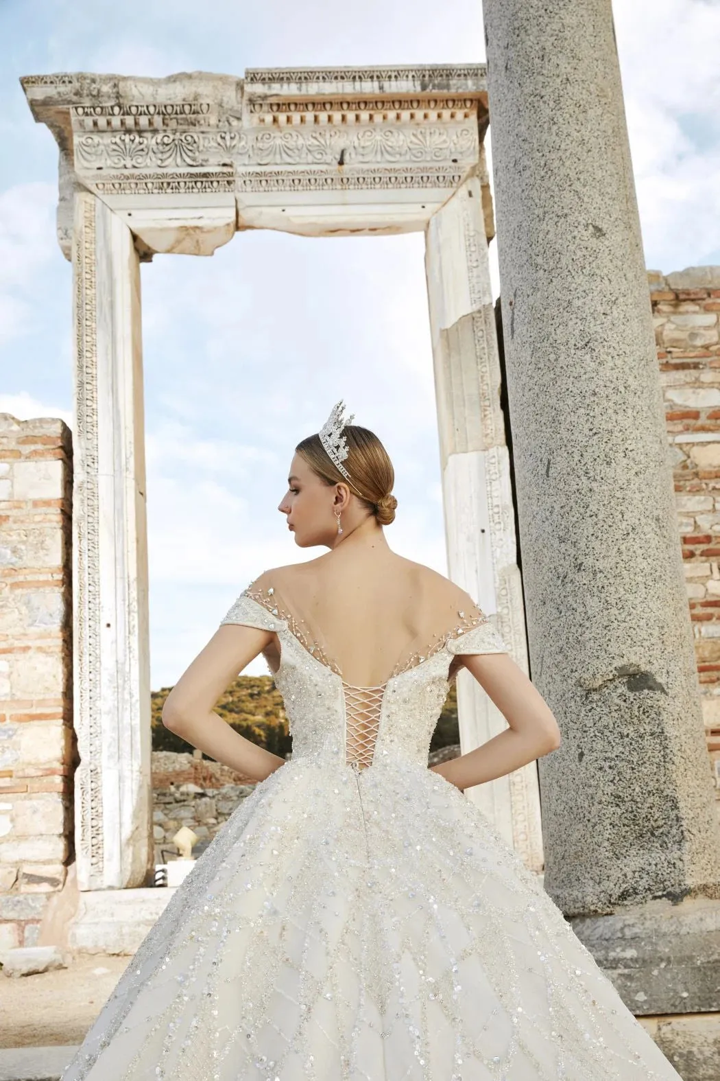 Off-Shoulder Cream Colored Bridal Gown Wedding Dress