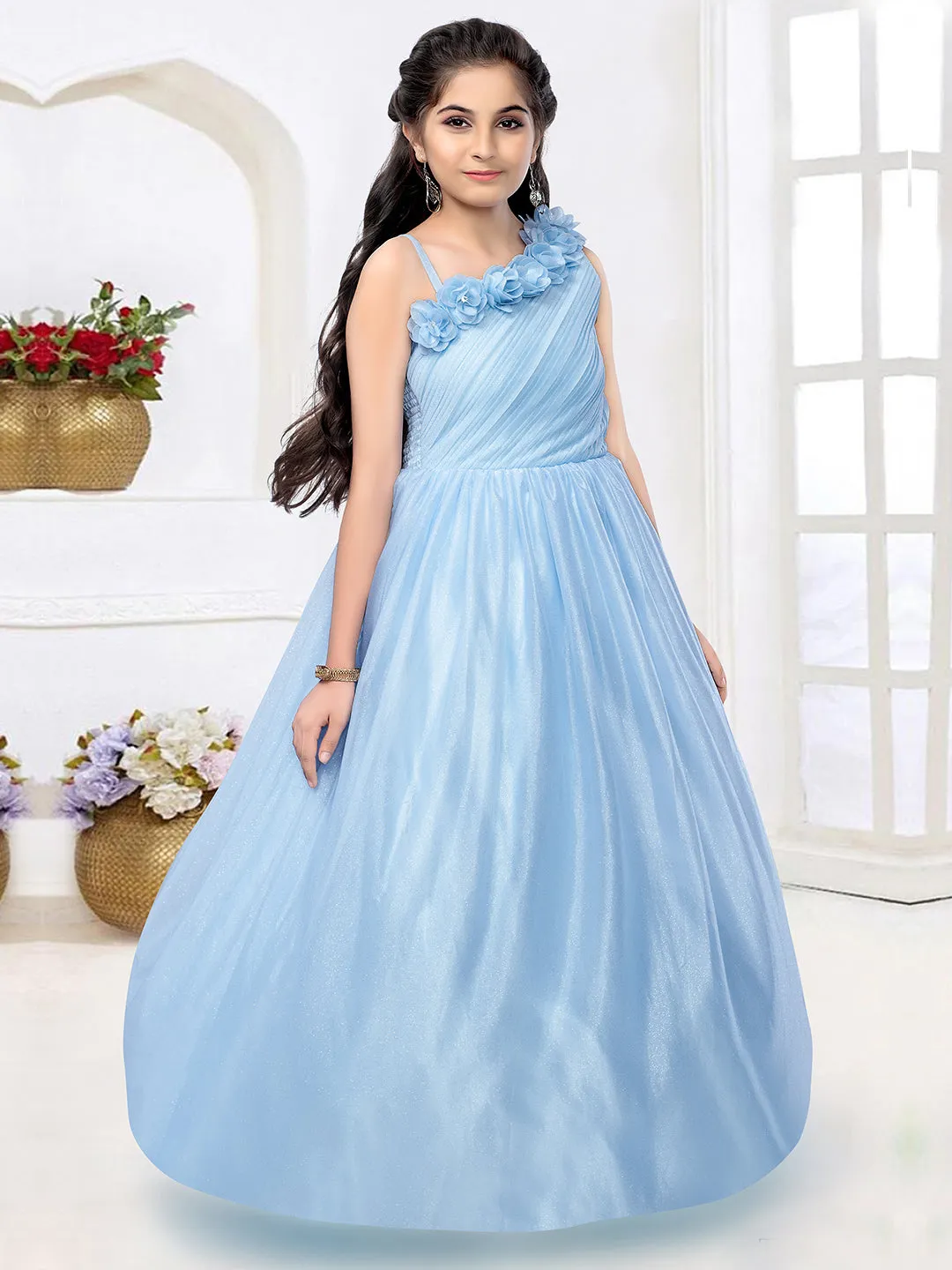 Off-Shoulder Light Blue Party Wear Gown For Girls