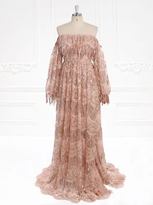 Off Shoulder Long Sleeves Bling Sequins Evening Dress Photography Props Gown YW231121