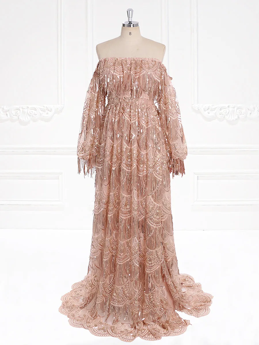 Off Shoulder Long Sleeves Bling Sequins Evening Dress Photography Props Gown YW231121