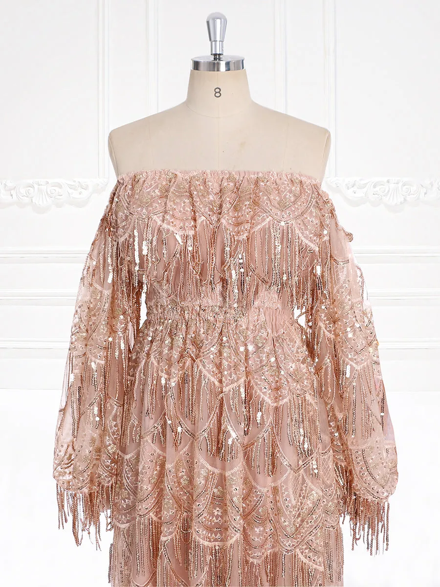 Off Shoulder Long Sleeves Bling Sequins Evening Dress Photography Props Gown YW231121