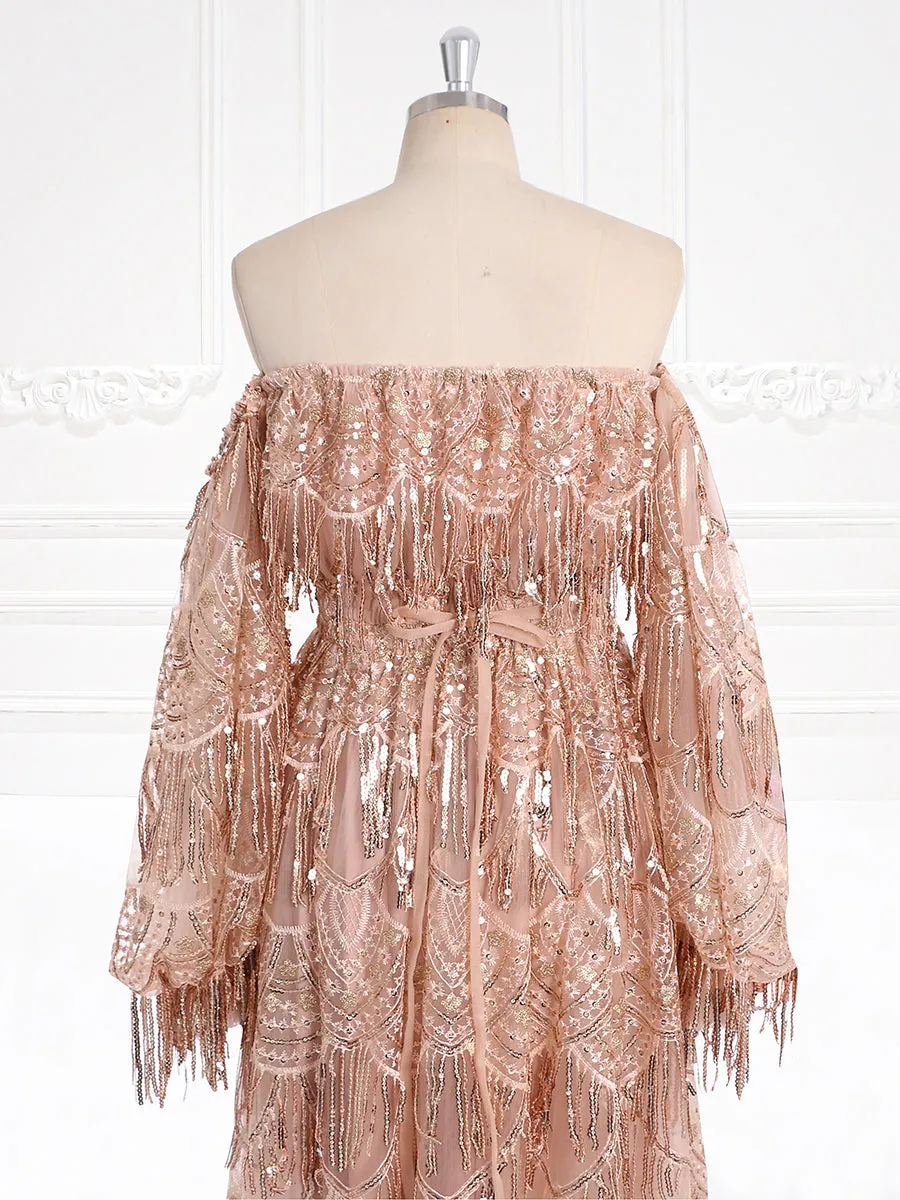Off Shoulder Long Sleeves Bling Sequins Evening Dress Photography Props Gown YW231121