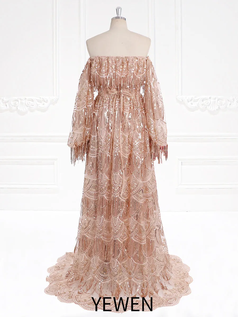 Off Shoulder Long Sleeves Bling Sequins Evening Dress Photography Props Gown YW231121