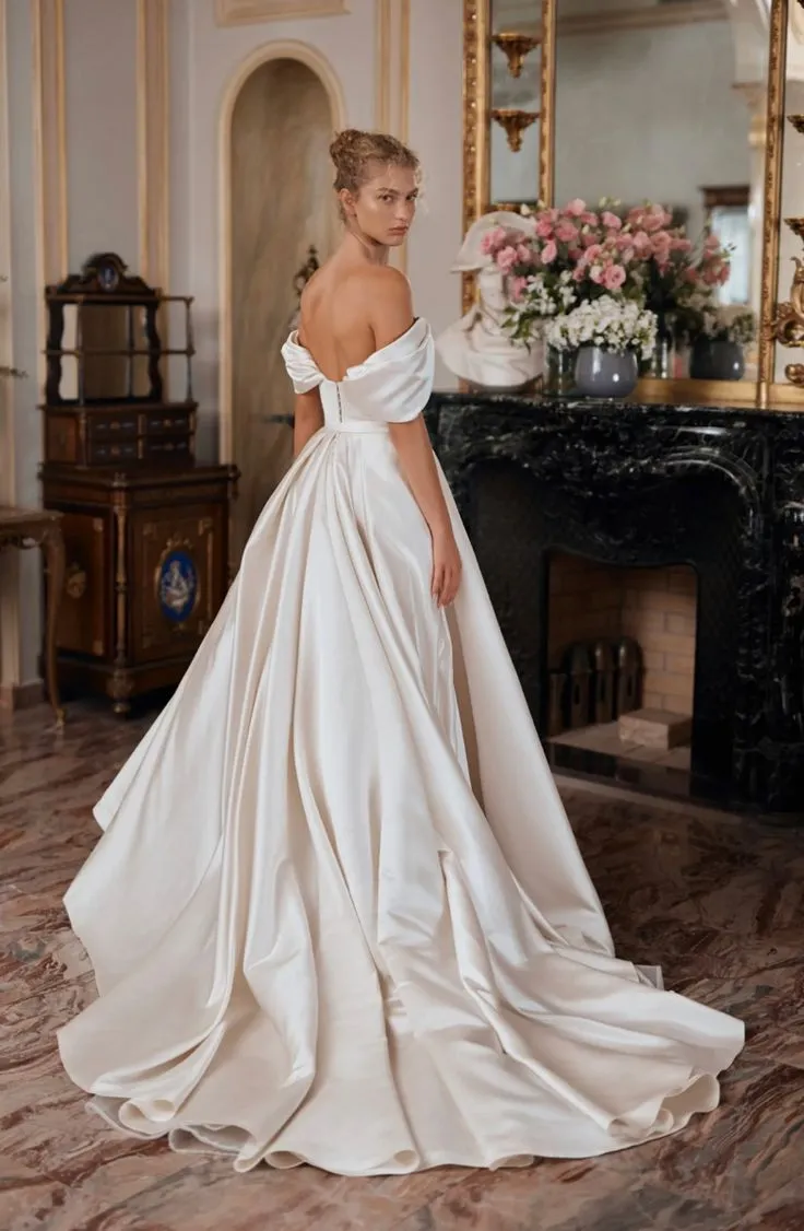 Off Shoulder Sleeve Soft Satin Wedding Dress