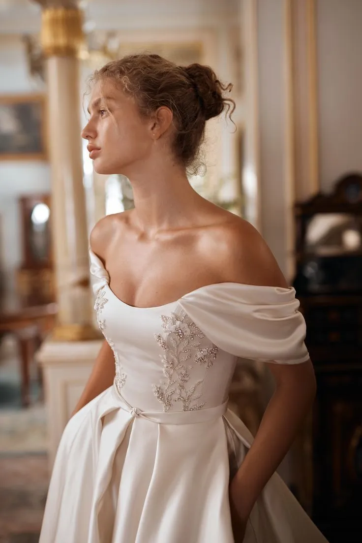 Off Shoulder Sleeve Soft Satin Wedding Dress