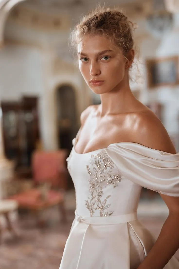 Off Shoulder Sleeve Soft Satin Wedding Dress