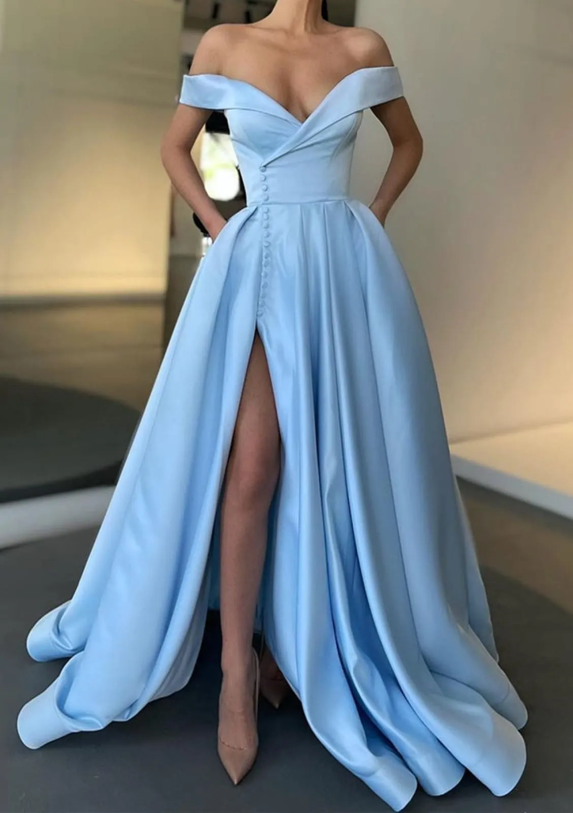 Off Shoulder Surplice Slit Sky Blue Satin Party Prom Dress, Buttons