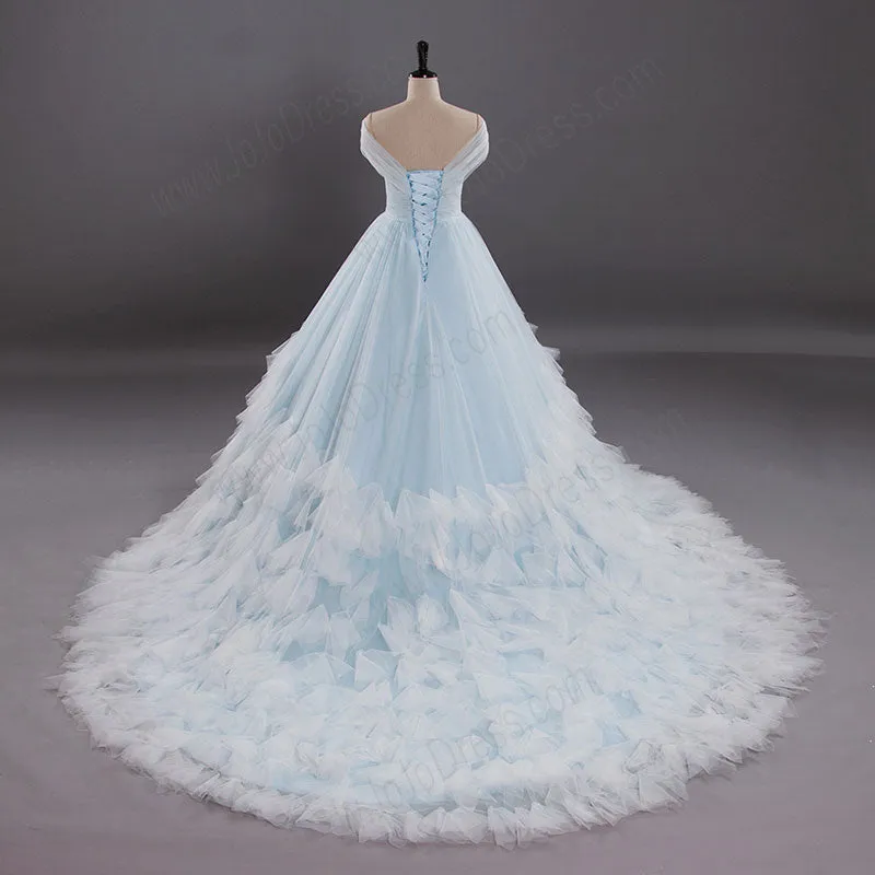 Off the Shoulder Light Blue Ball Gown Wedding Dress AL3015