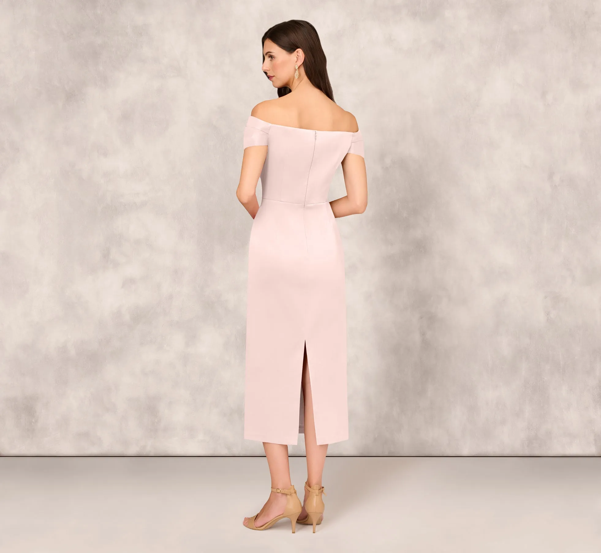 Off The Shoulder Mikado Midi Dress With Pleat Details In Pale Blush