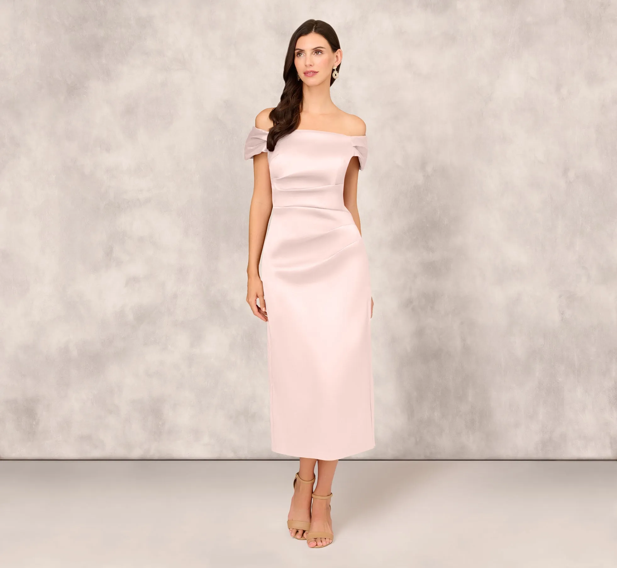 Off The Shoulder Mikado Midi Dress With Pleat Details In Pale Blush