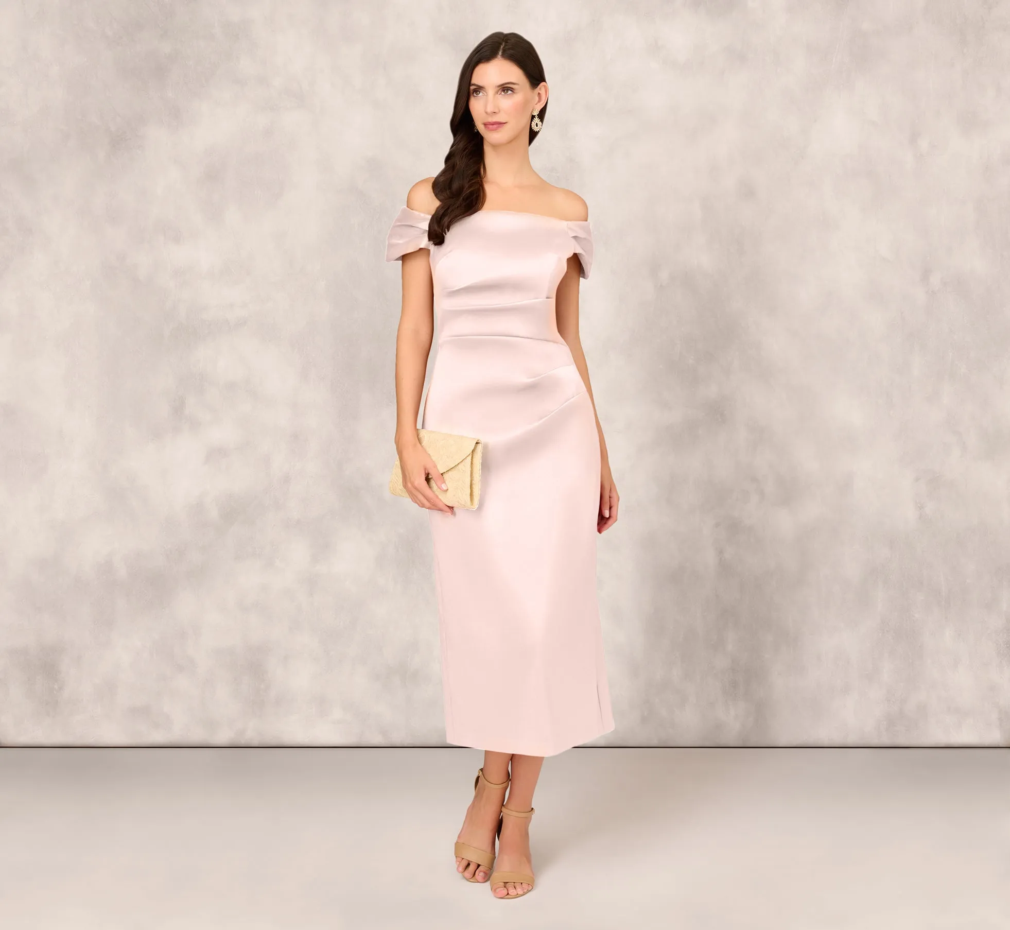 Off The Shoulder Mikado Midi Dress With Pleat Details In Pale Blush