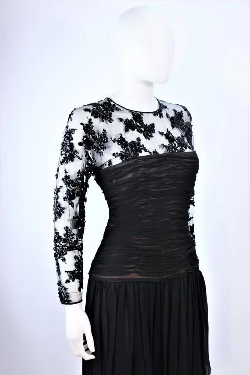 OSCAR DE LA RENTA Black Chiffon Lace Cocktail Gown Size 12