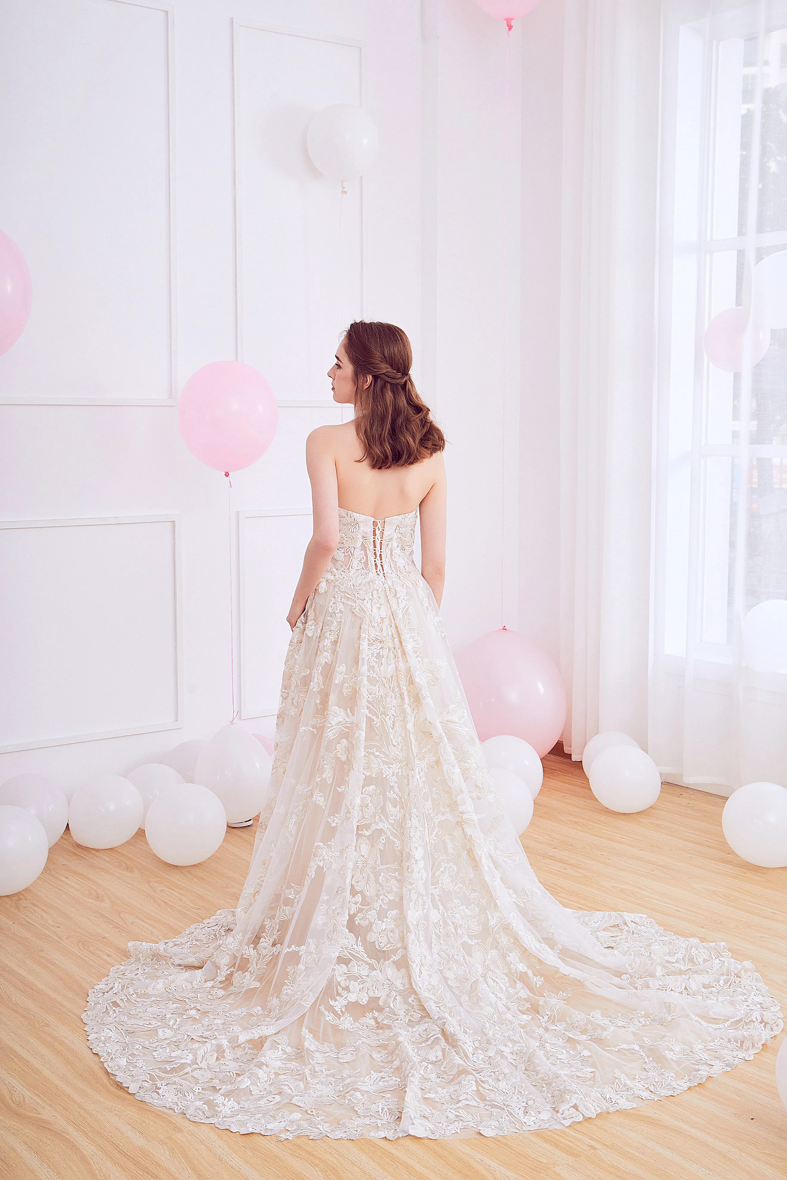 Oxalis - Selena Huan Gold-Shaded Venice Fosted Embroidery Lace illusive strapless A-line gown