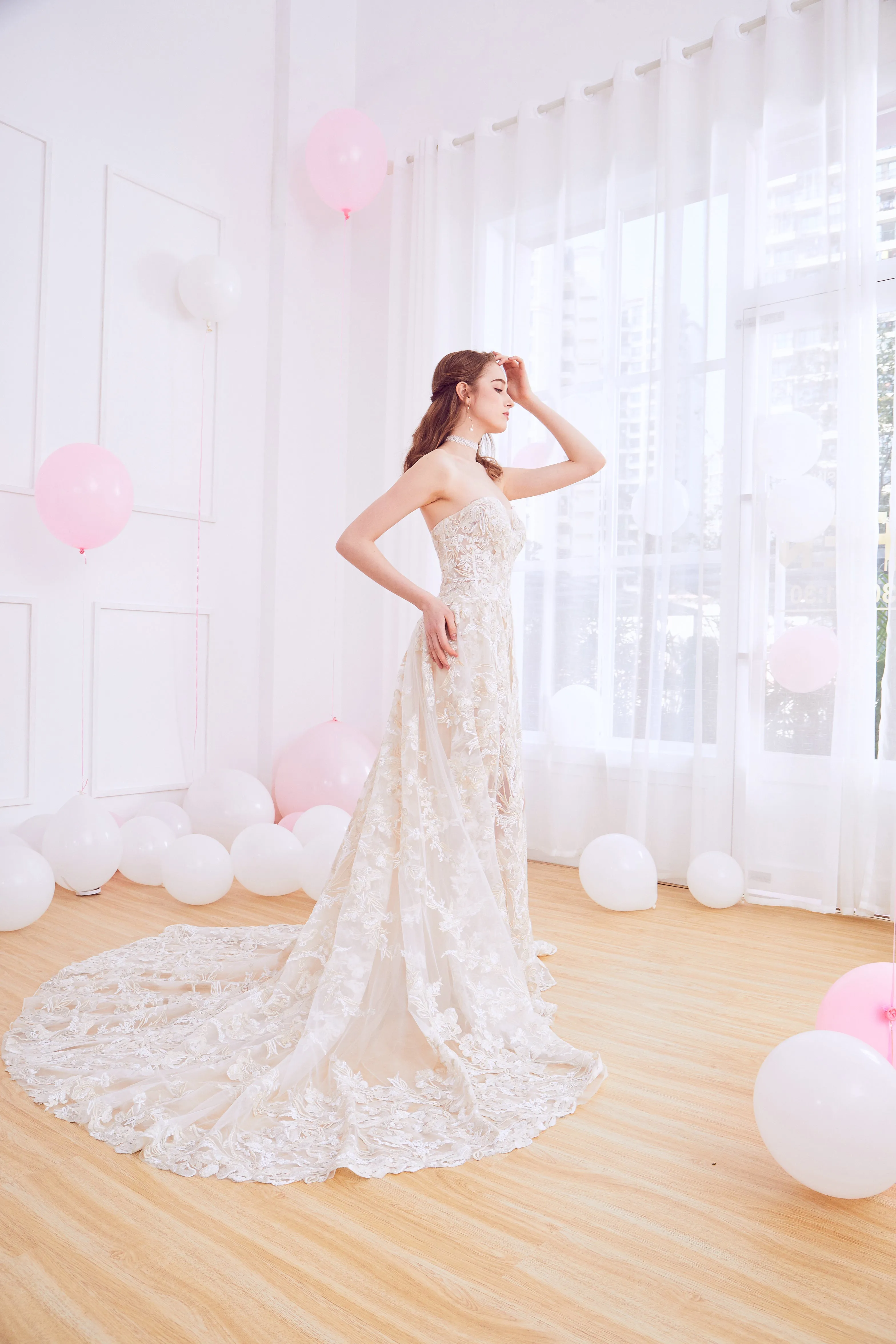 Oxalis - Selena Huan Gold-Shaded Venice Fosted Embroidery Lace illusive strapless A-line gown