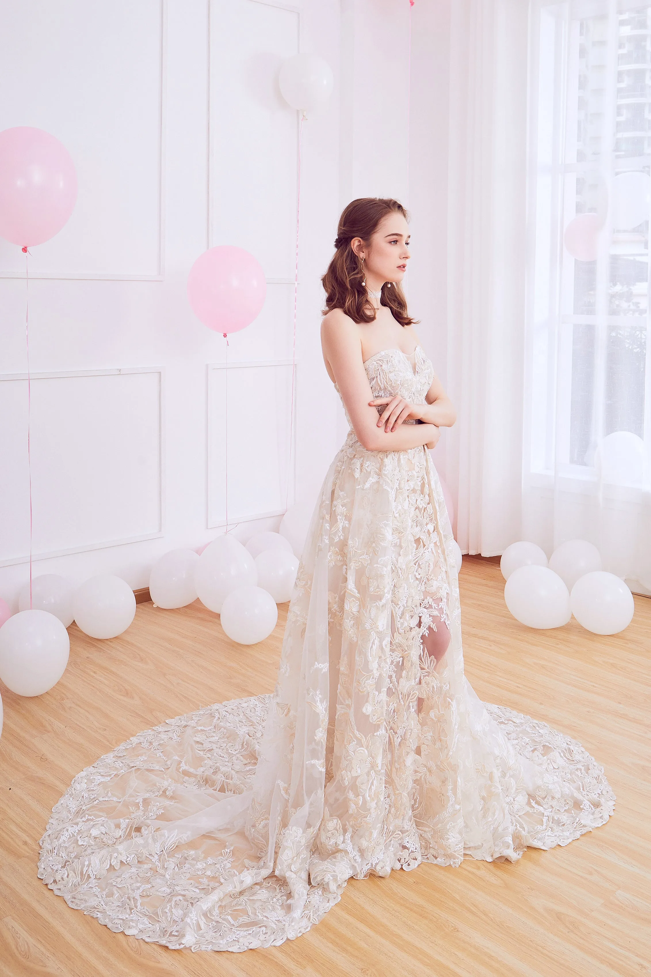 Oxalis - Selena Huan Gold-Shaded Venice Fosted Embroidery Lace illusive strapless A-line gown