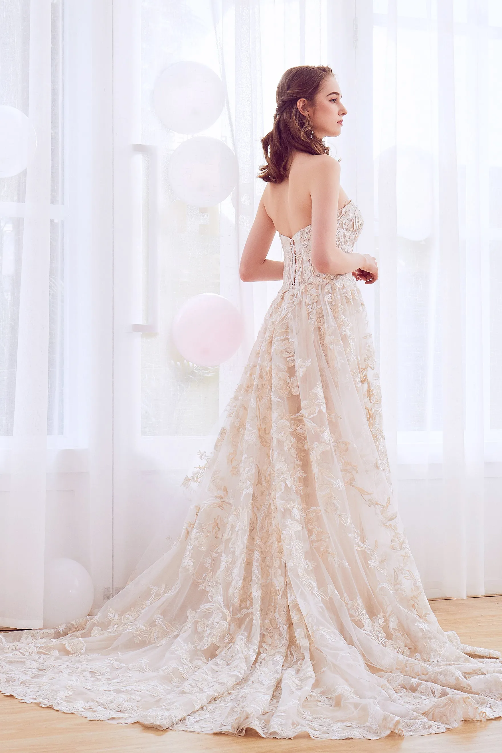 Oxalis - Selena Huan Gold-Shaded Venice Fosted Embroidery Lace illusive strapless A-line gown