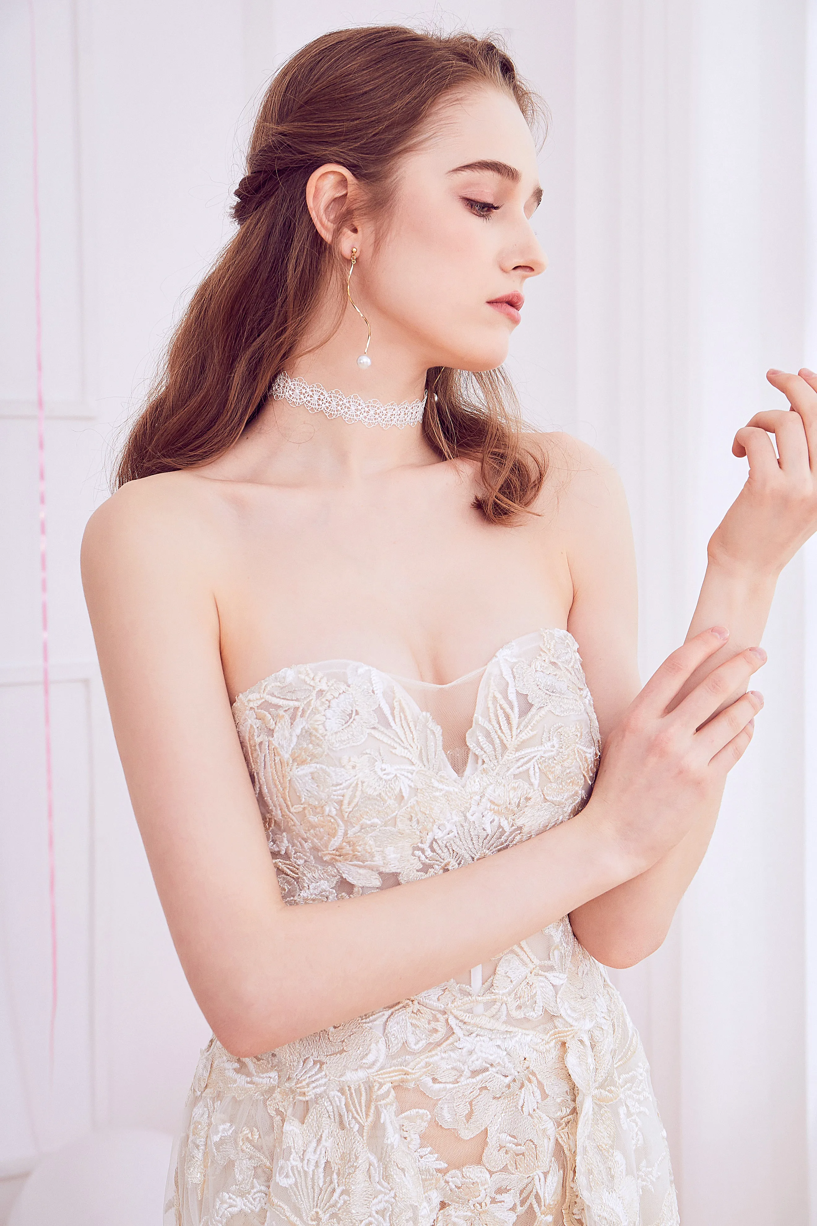 Oxalis - Selena Huan Gold-Shaded Venice Fosted Embroidery Lace illusive strapless A-line gown