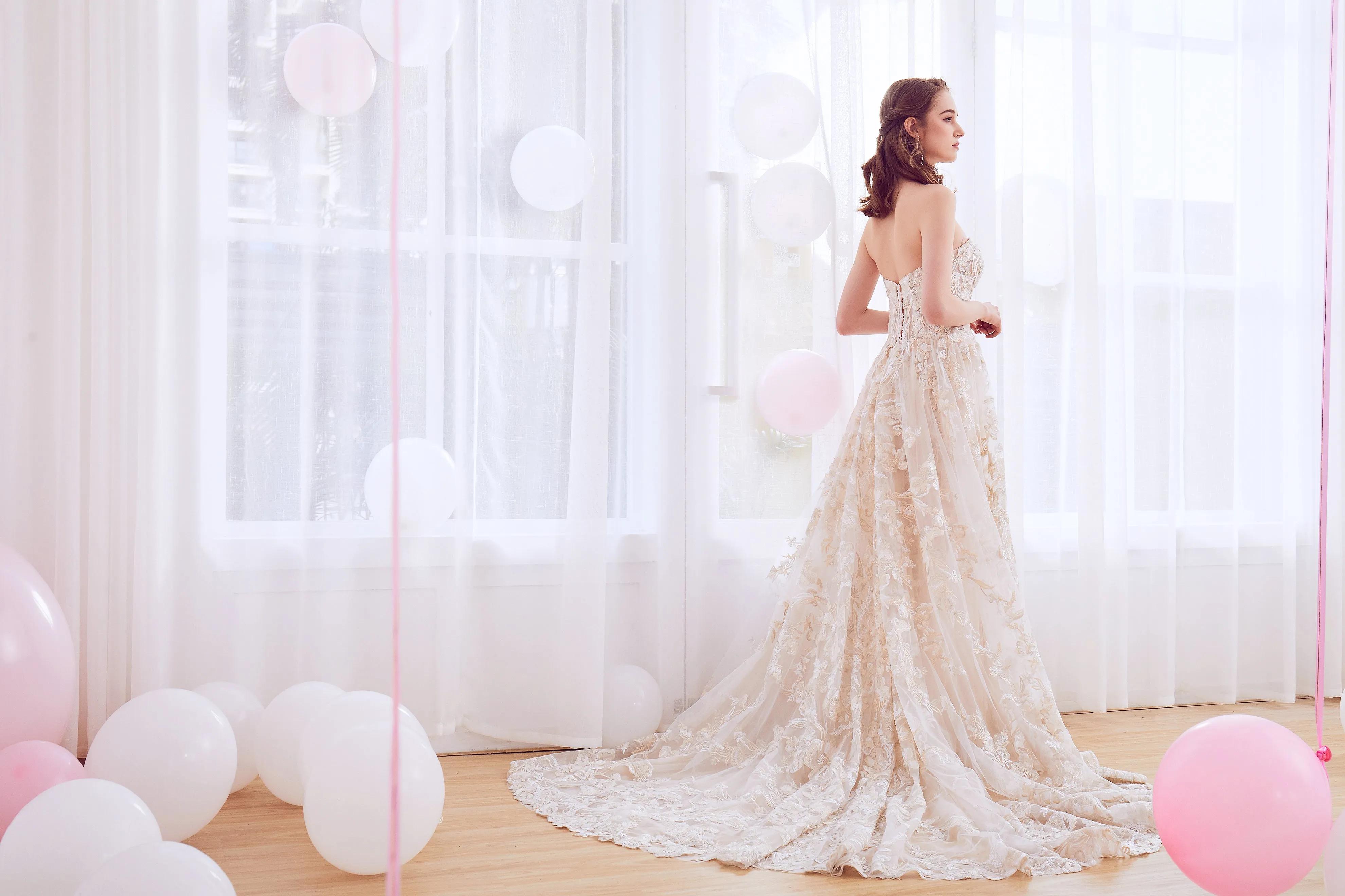 Oxalis - Selena Huan Gold-Shaded Venice Fosted Embroidery Lace illusive strapless A-line gown