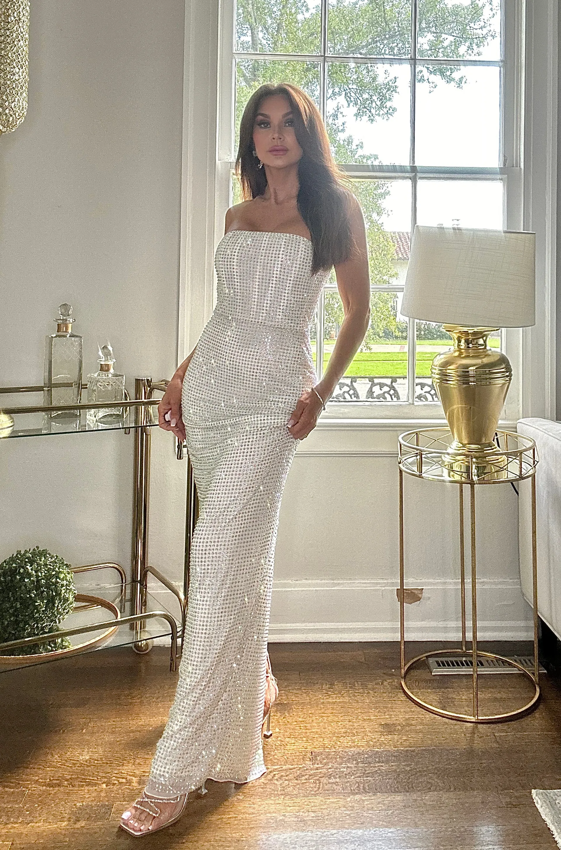 Paisley white large rhinestone bandeau body con maxi dress