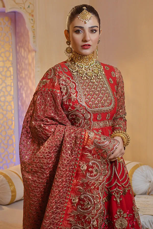 Pakistani Party Dress in Embroidered Raw Silk Red Lehenga and Traditional Pishwas Style