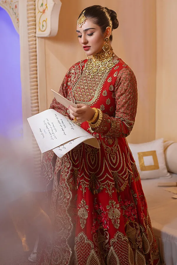 Pakistani Party Dress in Embroidered Raw Silk Red Lehenga and Traditional Pishwas Style