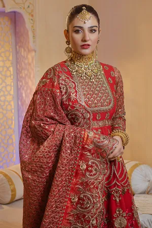 Pakistani Party Dress in Embroidered Raw Silk Red Lehenga and Traditional Pishwas Style