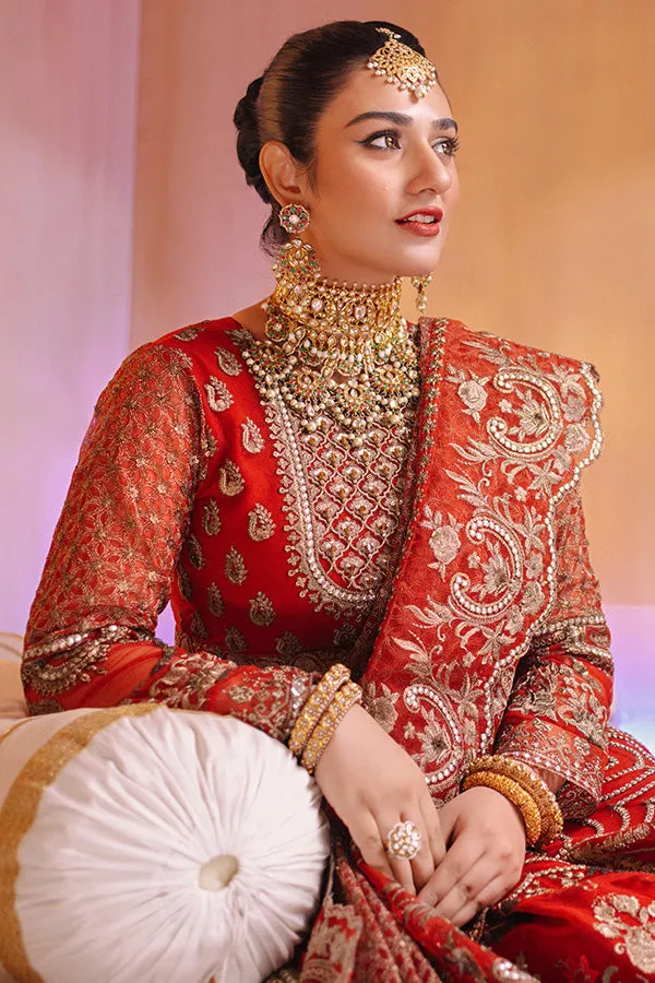 Pakistani Party Dress in Embroidered Raw Silk Red Lehenga and Traditional Pishwas Style