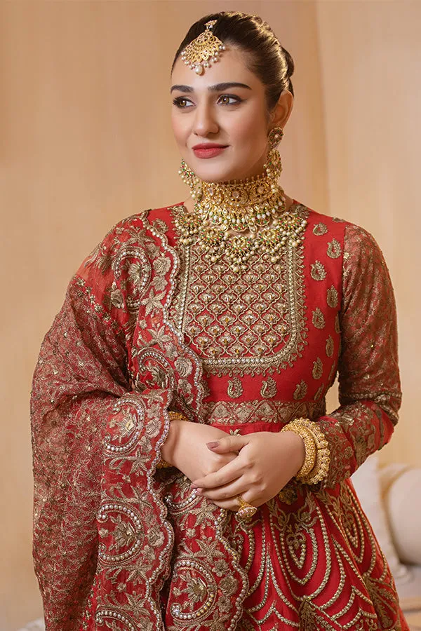 Pakistani Party Dress in Embroidered Raw Silk Red Lehenga and Traditional Pishwas Style
