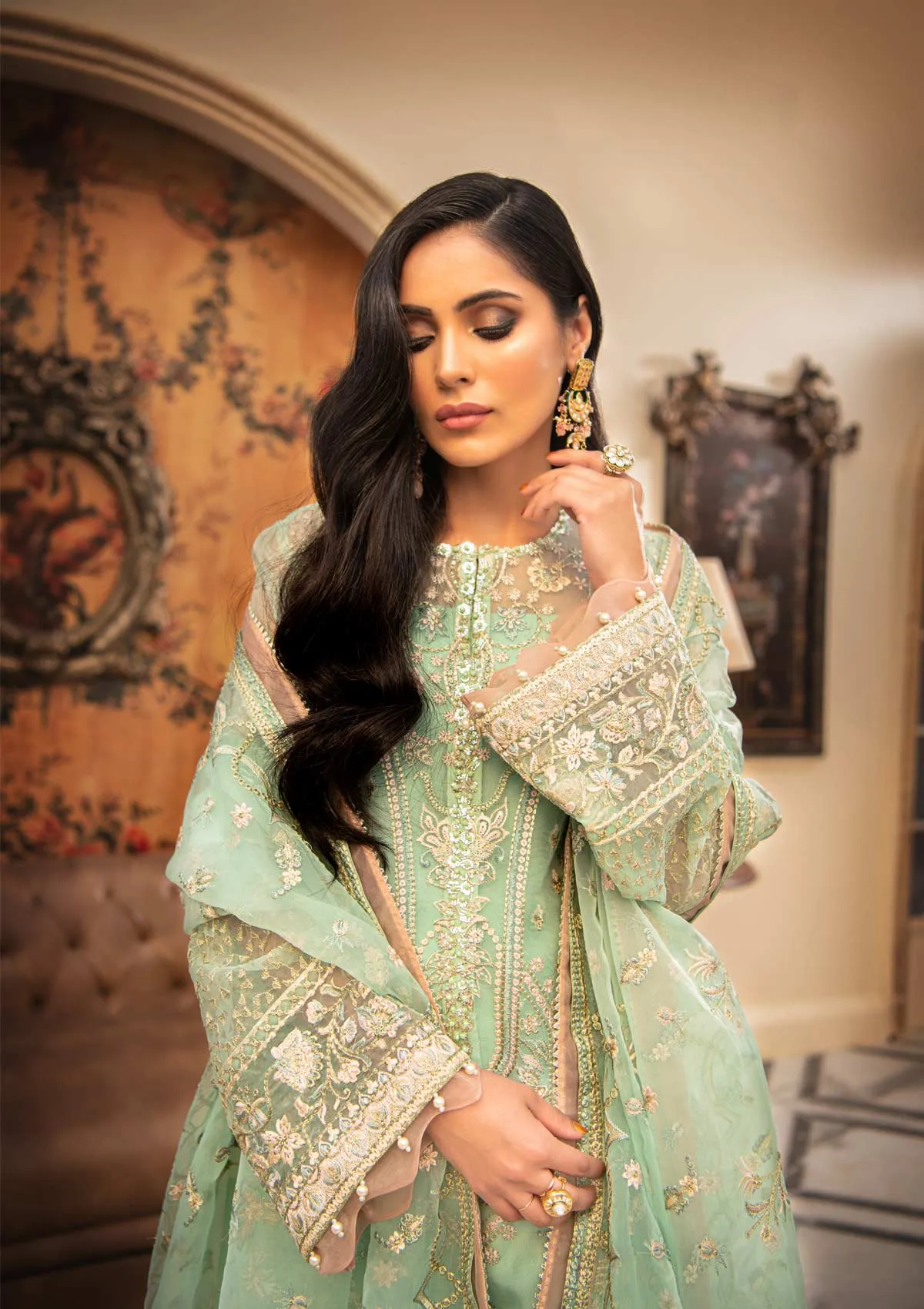 Party Wear Kameez Salwar in Mint Green Shade #PF458