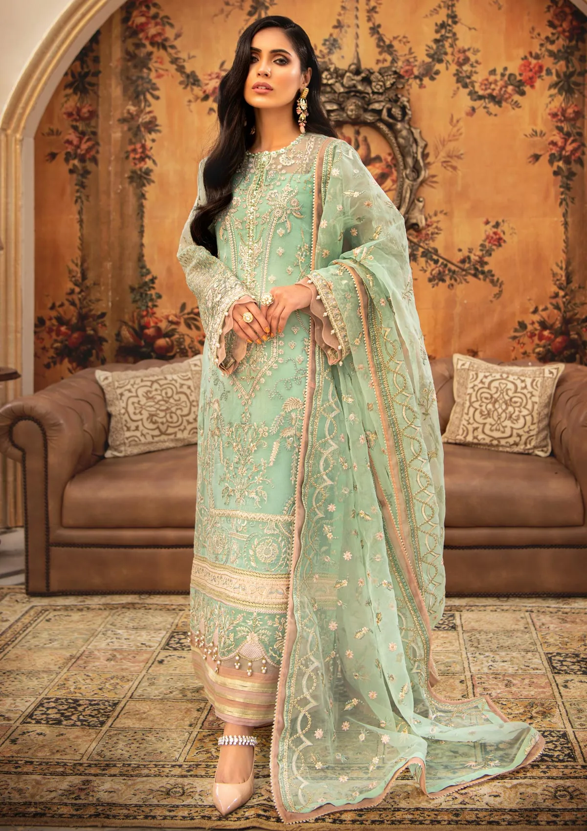 Party Wear Kameez Salwar in Mint Green Shade #PF458