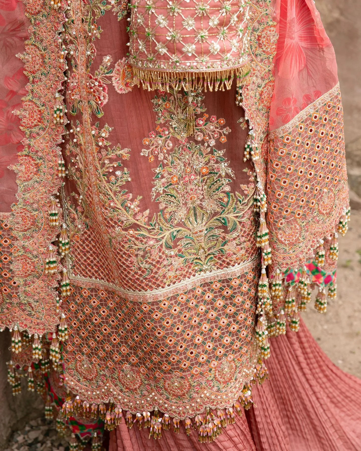 Peach Pakistani Wedding Dress in Kameez Sharara Style