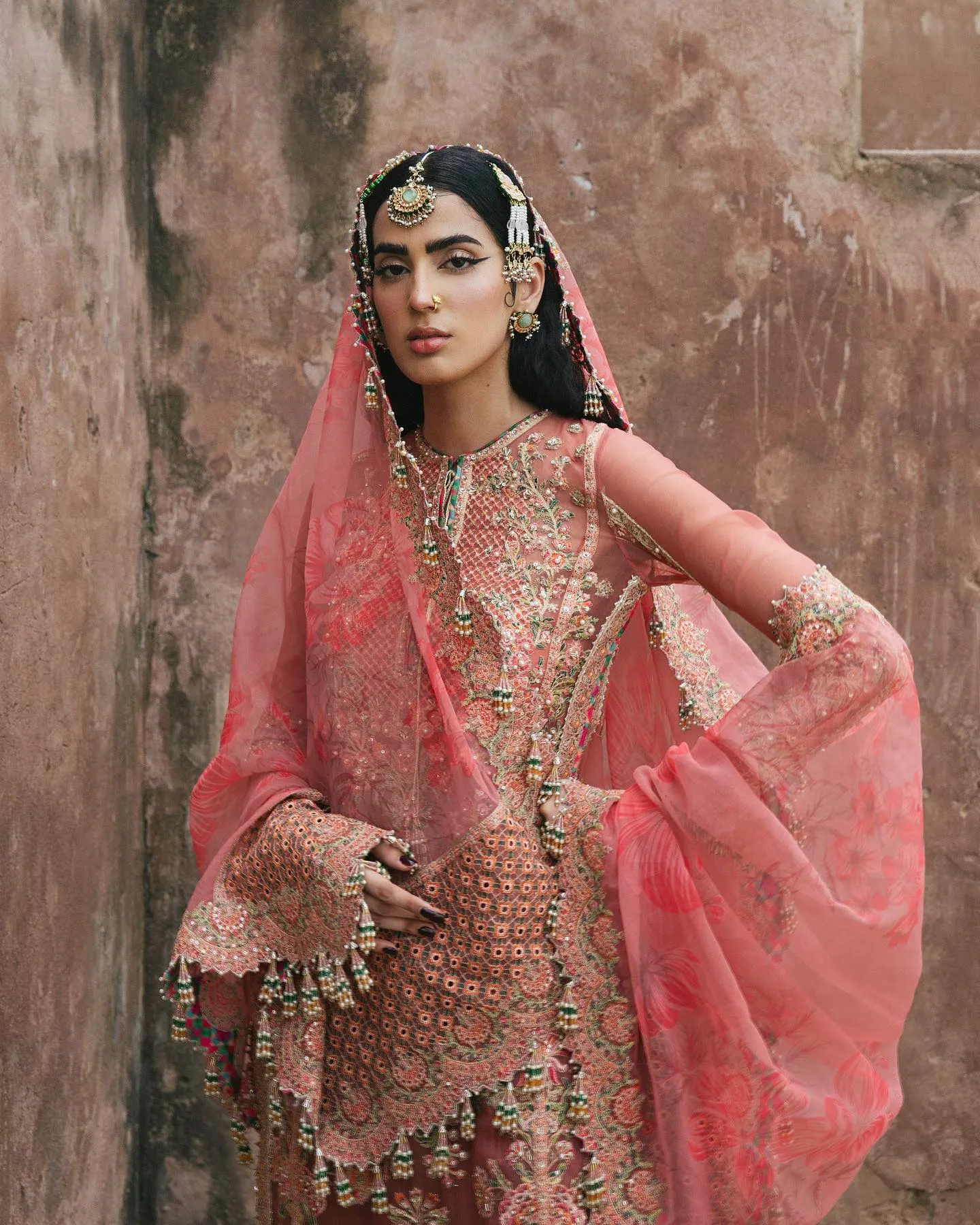 Peach Pakistani Wedding Dress in Kameez Sharara Style