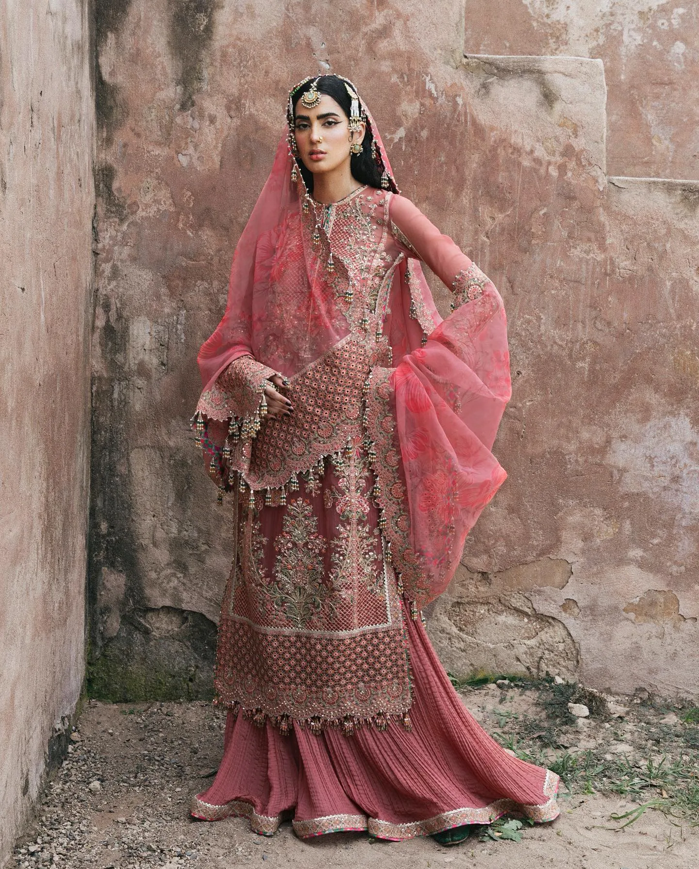 Peach Pakistani Wedding Dress in Kameez Sharara Style