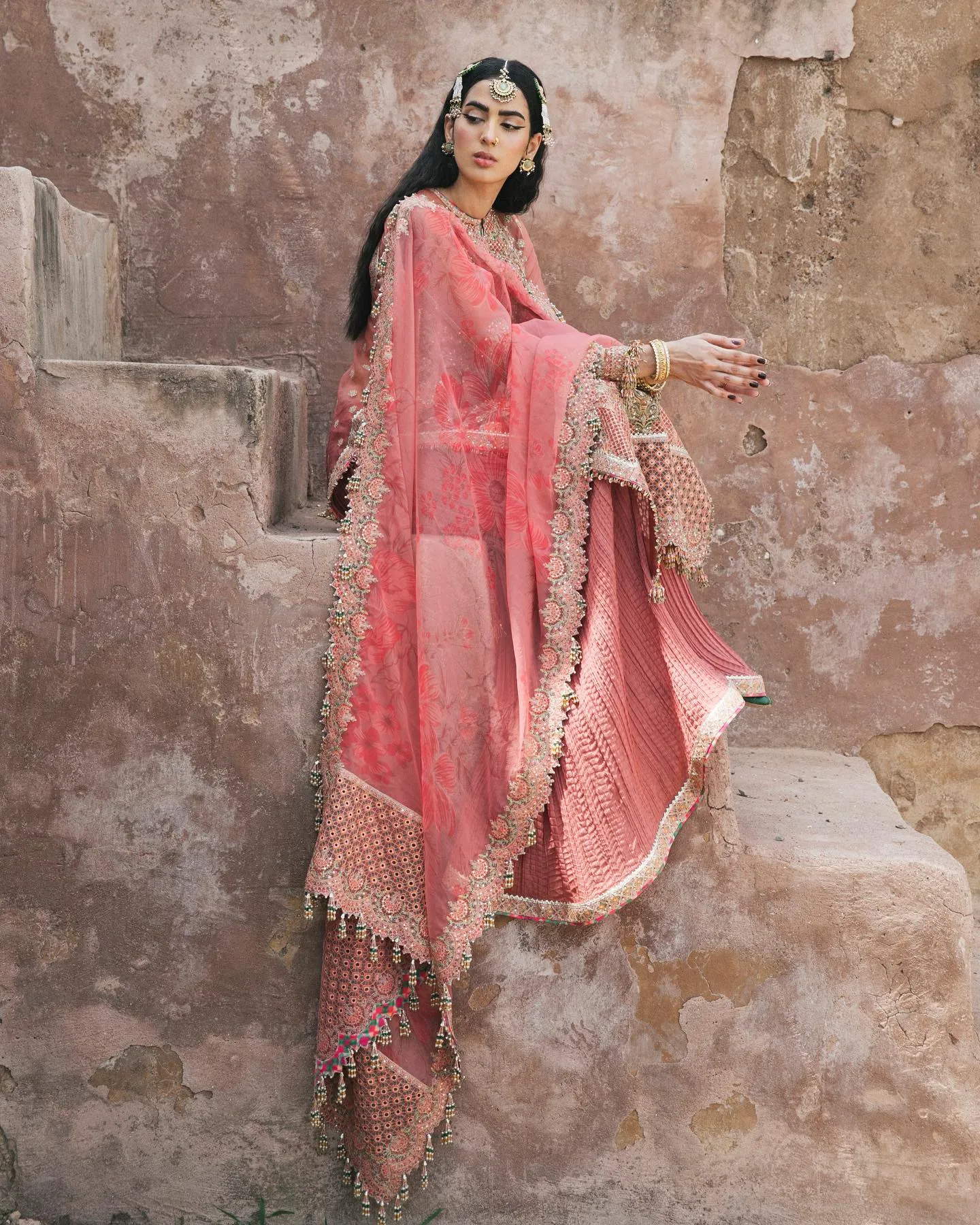Peach Pakistani Wedding Dress in Kameez Sharara Style