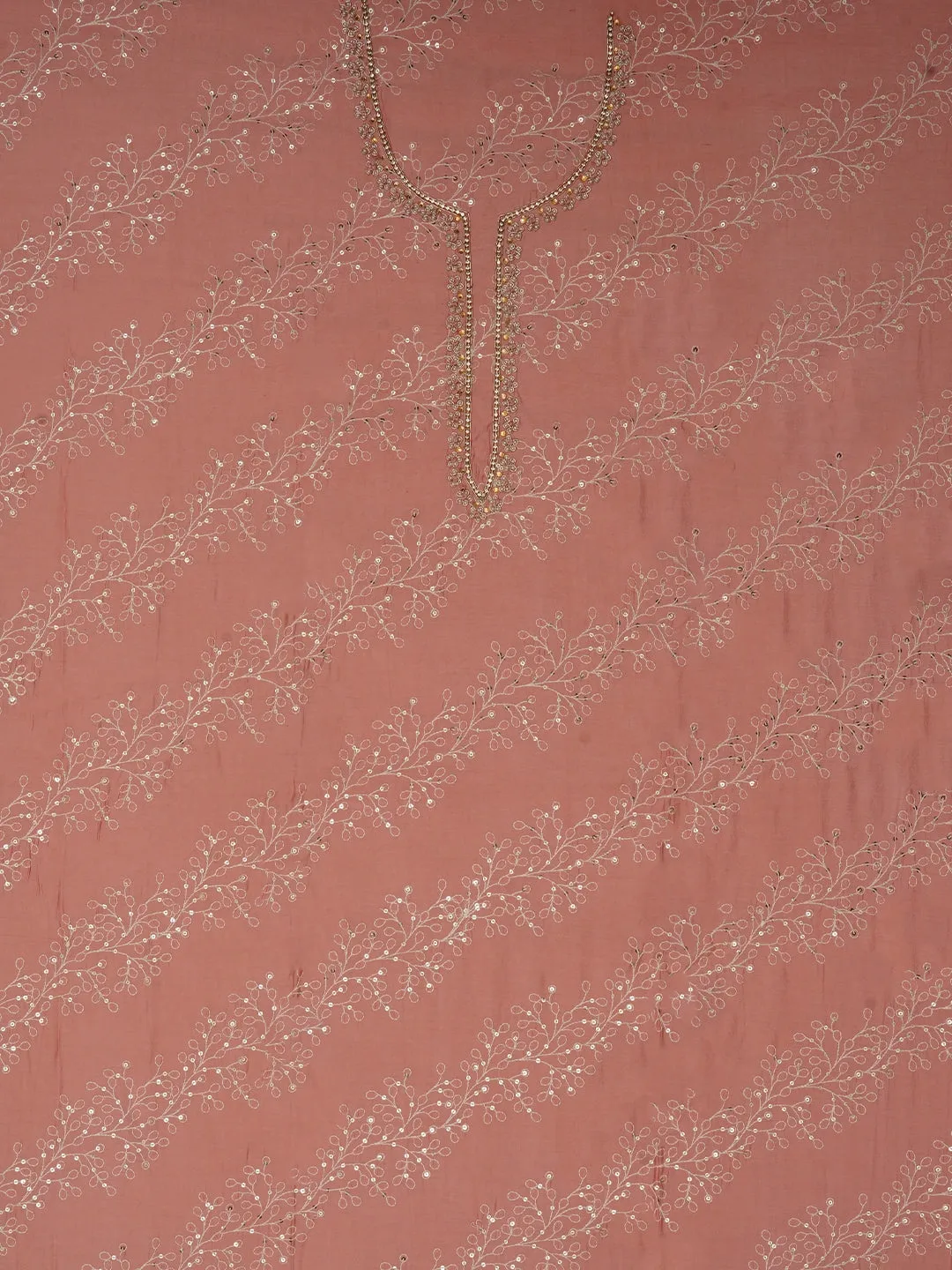 Peach Sequin Embroidered Pure Cotton Dress Material with Dupatta