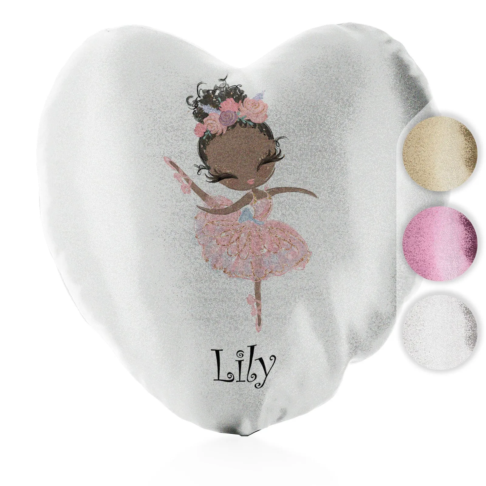 Personalised Glitter Heart Cushion with Cute Text and Black Hair Pink Dress Ballerina