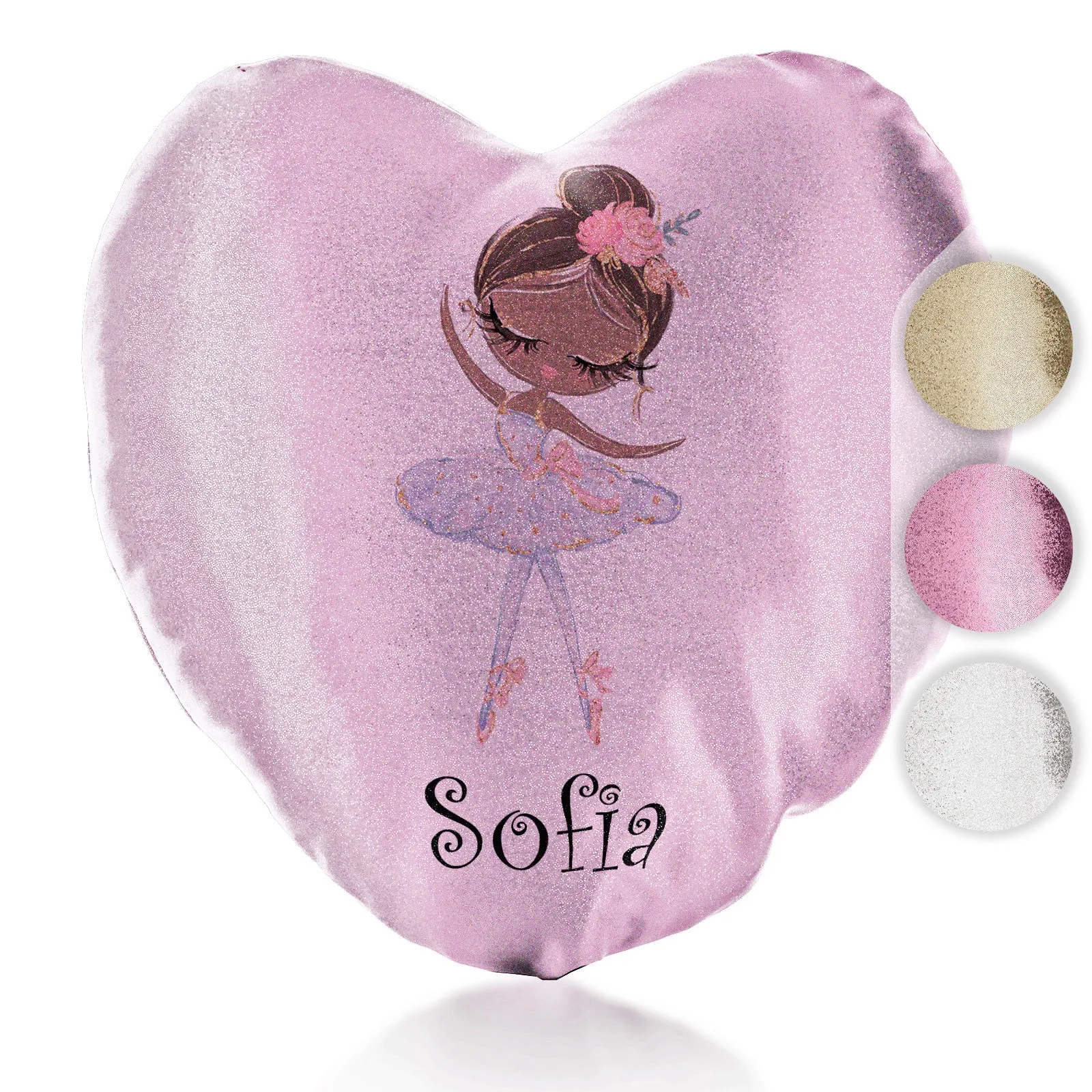 Personalised Glitter Heart Cushion with Cute Text and Black Hair White Dress Ballerina