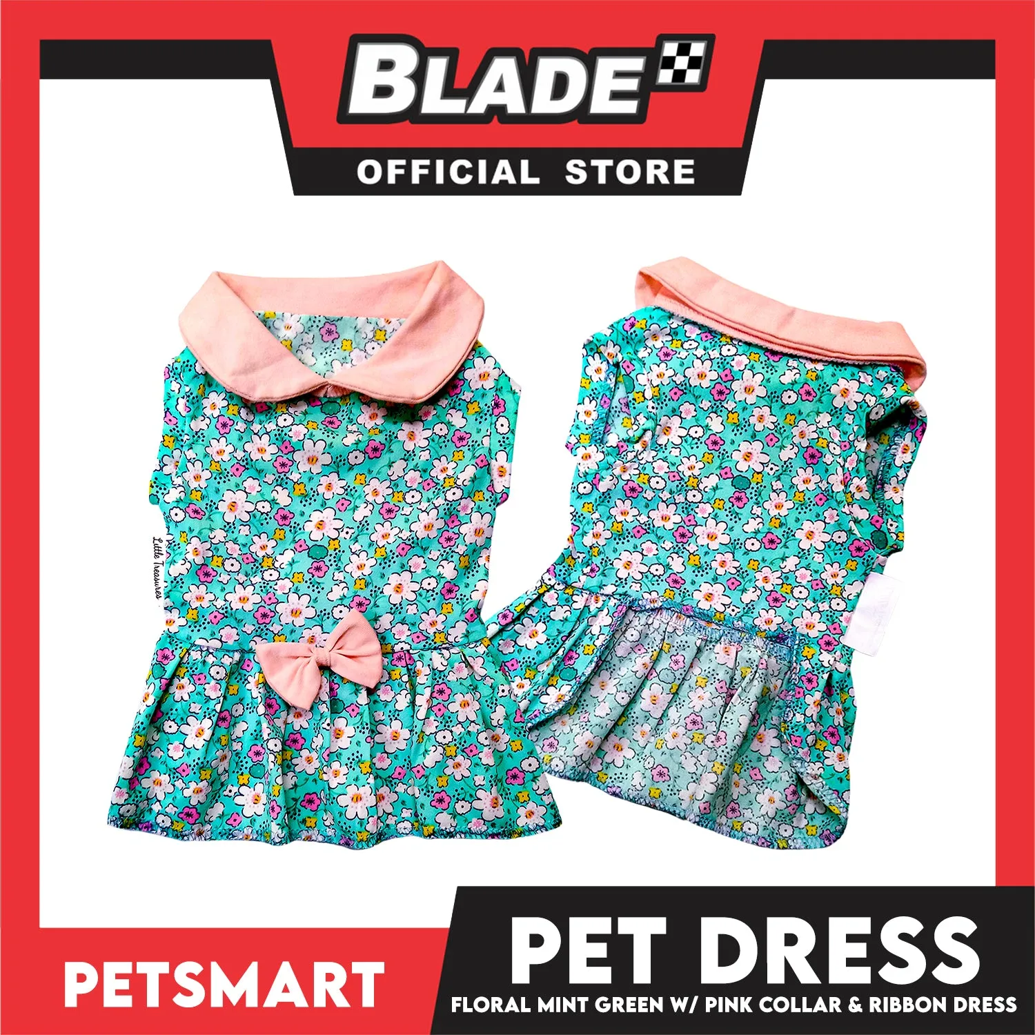 Pet Dress Floral Mint Green with Pink Collar and Ribbon Perfect Fit for Dogs and Cats (Large)