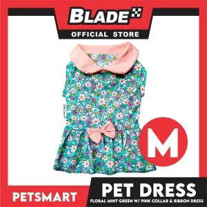 Pet Dress Floral Mint Green with Pink Collar and Ribbon Perfect Fit for Dogs and Cats (Medium)