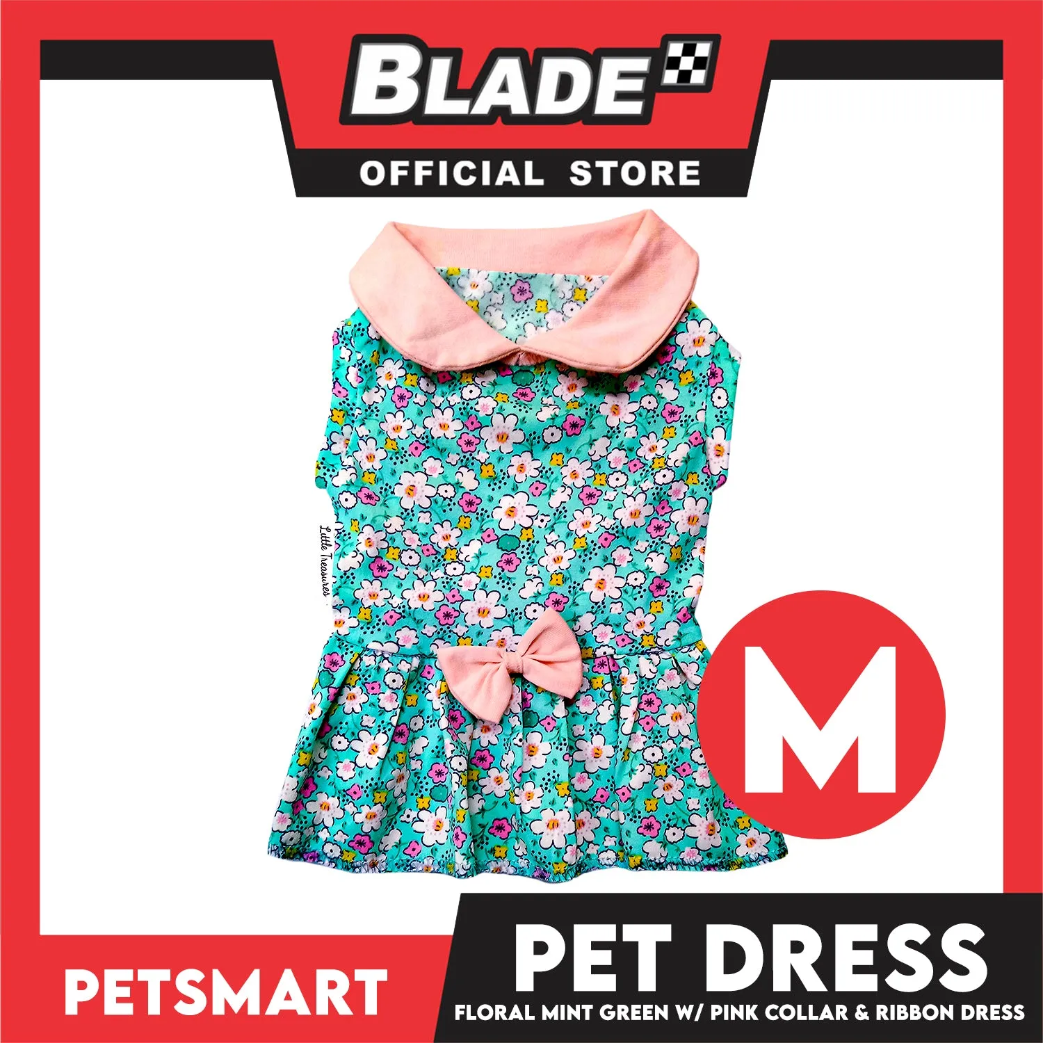 Pet Dress Floral Mint Green with Pink Collar and Ribbon Perfect Fit for Dogs and Cats (Medium)