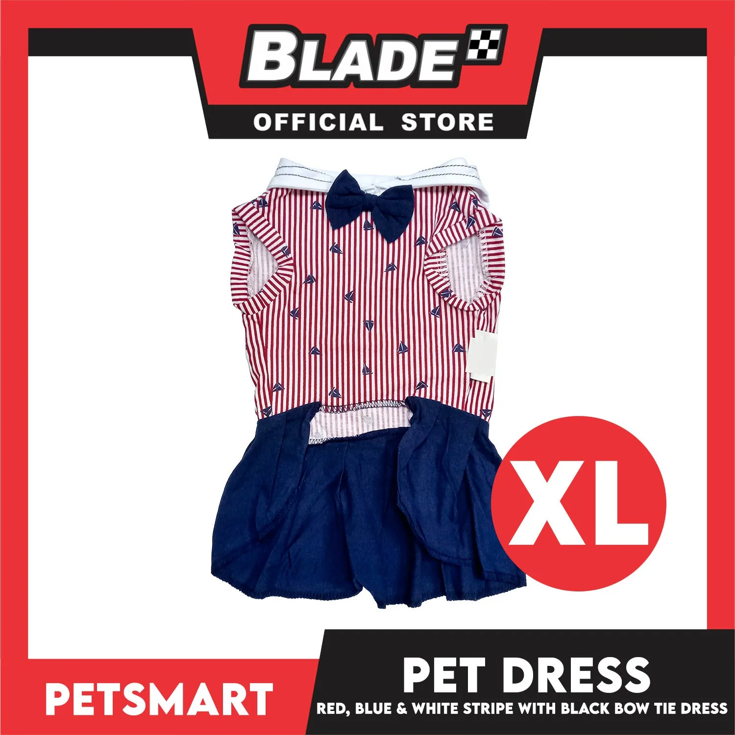Pet Dress Red, Blue and White Stripe with Black Bow Tie Design DG-CTN184L (XL)