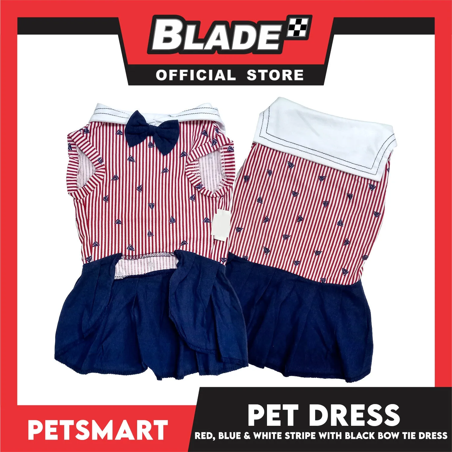 Pet Dress Red, Blue and White Stripe with Black Bow Tie Design DG-CTN184M (Medium)