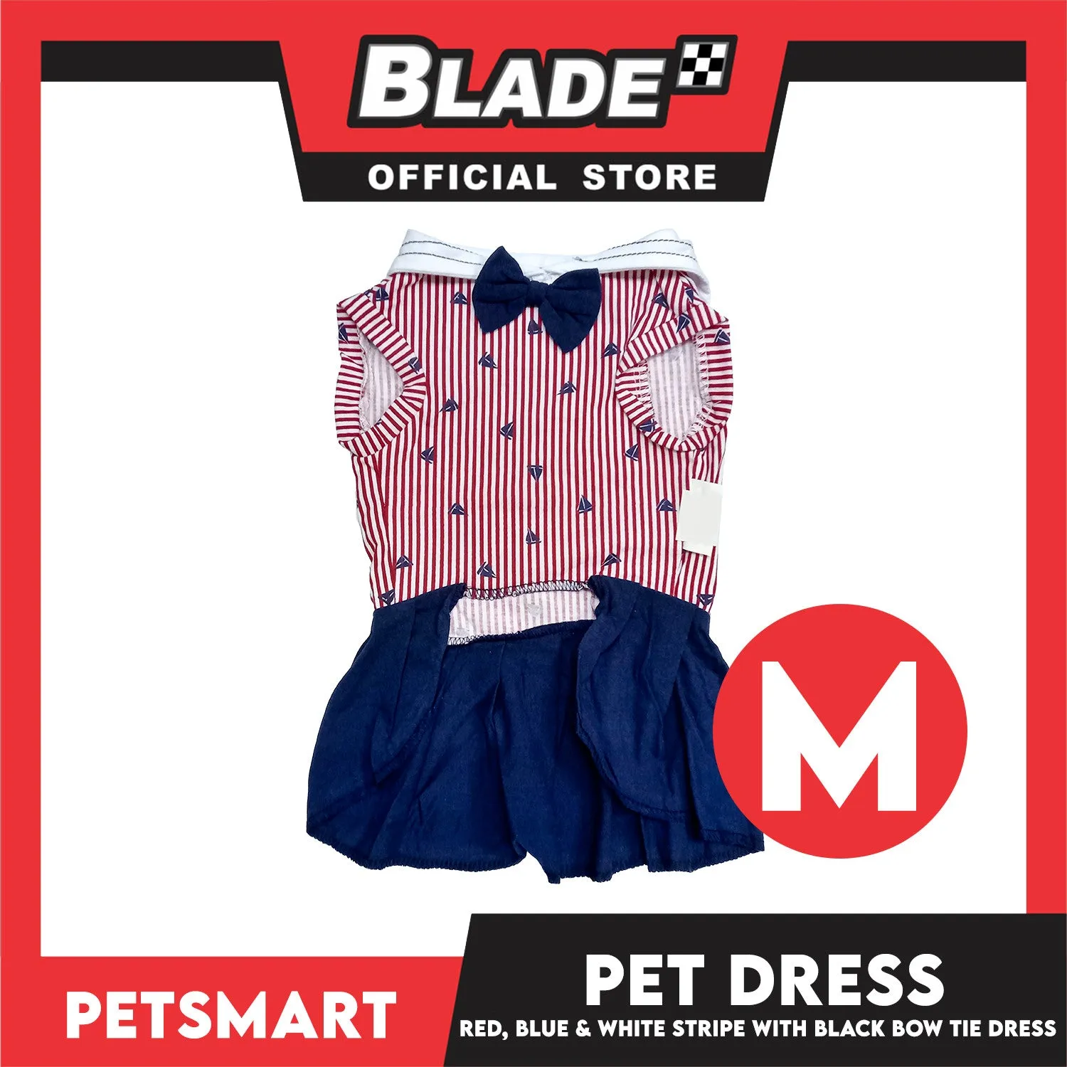 Pet Dress Red, Blue and White Stripe with Black Bow Tie Design DG-CTN184M (Medium)